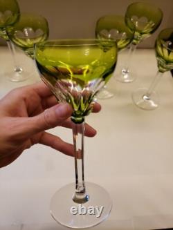 16 Decanter & 6 wine Chartreuse Green Cut to Clear glass Crystal Val St Lambert