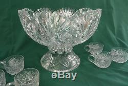 1880-1920 ANTIQUE RICH CUT GLASS PUNCH BOWL 6 CUPS Brilliant Period 19th CRYSTAL