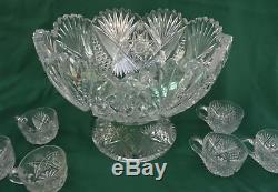 1880-1920 ANTIQUE RICH CUT GLASS PUNCH BOWL 6 CUPS Brilliant Period 19th CRYSTAL