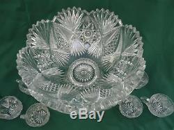 1880-1920 ANTIQUE RICH CUT GLASS PUNCH BOWL 6 CUPS Brilliant Period 19th CRYSTAL