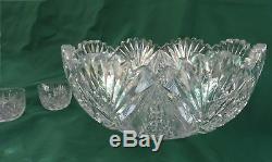 1880-1920 ANTIQUE RICH CUT GLASS PUNCH BOWL 6 CUPS Brilliant Period 19th CRYSTAL