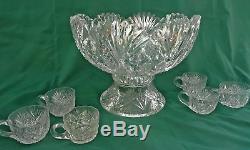 1880-1920 ANTIQUE RICH CUT GLASS PUNCH BOWL 6 CUPS Brilliant Period 19th CRYSTAL