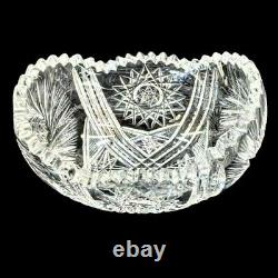 1890s American Brilliant Oval Pinwheel Hobstar Bowl Fan Cut Glass Sawtooth Rim