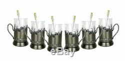 18-pc Set Russian Tea Glass Holders Podstakannik & Cut Crystal Glasses & Spoons