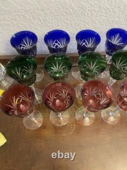 18pc Bohemian Cut Crystal Wine Goblets Cobalt Emerald Ruby Cut-to-Clear 8