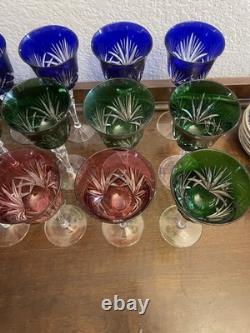 18pc Bohemian Cut Crystal Wine Goblets Cobalt Emerald Ruby Cut-to-Clear 8