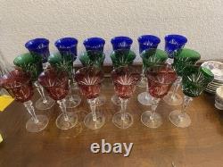18pc Bohemian Cut Crystal Wine Goblets Cobalt Emerald Ruby Cut-to-Clear 8