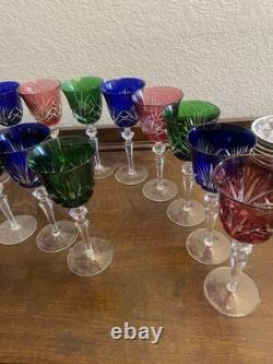 18pc Bohemian Cut Crystal Wine Goblets Cobalt Emerald Ruby Cut-to-Clear 8