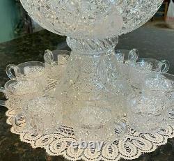 1915 American Brilliant Period cut glass crystal punch bowl, pedestal, + 10 cups
