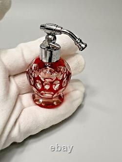 1920s Art Deco Bohemian Ruby Glass Cut Crystal Miniature Atomizer Perfume Bottle