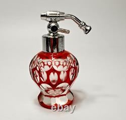 1920s Art Deco Bohemian Ruby Glass Cut Crystal Miniature Atomizer Perfume Bottle
