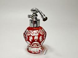 1920s Art Deco Bohemian Ruby Glass Cut Crystal Miniature Atomizer Perfume Bottle