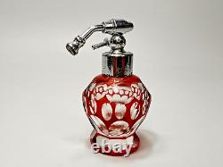 1920s Art Deco Bohemian Ruby Glass Cut Crystal Miniature Atomizer Perfume Bottle