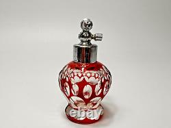 1920s Art Deco Bohemian Ruby Glass Cut Crystal Miniature Atomizer Perfume Bottle