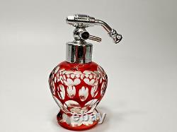 1920s Art Deco Bohemian Ruby Glass Cut Crystal Miniature Atomizer Perfume Bottle