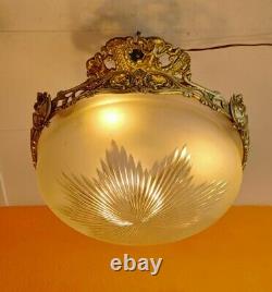 1930 French Art Deco Frosted Star cut Crystal shade Brass dragon Chandelier