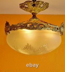 1930 French Art Deco Frosted Star cut Crystal shade Brass dragon Chandelier