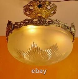 1930 French Art Deco Frosted Star cut Crystal shade Brass dragon Chandelier