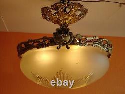 1930 French Art Deco Frosted Star cut Crystal shade Brass dragon Chandelier