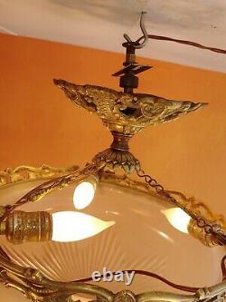 1930 French Art Deco Frosted Star cut Crystal shade Brass dragon Chandelier