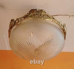 1930 French Art Deco Frosted Star cut Crystal shade Brass dragon Chandelier