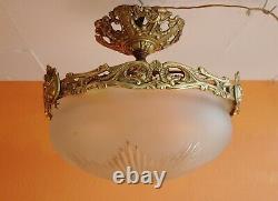 1930 French Art Deco Frosted Star cut Crystal shade Brass dragon Chandelier