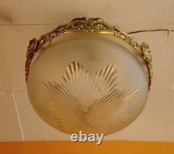 1930 French Art Deco Frosted Star cut Crystal shade Brass dragon Chandelier