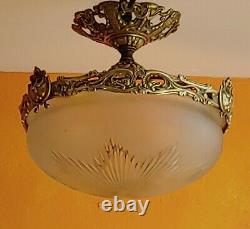 1930 French Art Deco Frosted Star cut Crystal shade Brass dragon Chandelier