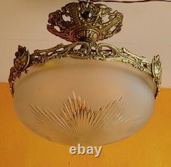 1930 French Art Deco Frosted Star cut Crystal shade Brass dragon Chandelier
