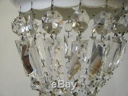 1930s Czech Milk Glass Pendant Chandelier Cut To Clear Crystal Hand Painted Lamp