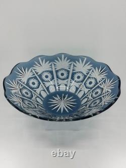 1950s Vintage Bohemian Lead Crystal Glass Cut To Clear Cobalt Blue Bowl 13W