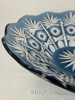 1950s Vintage Bohemian Lead Crystal Glass Cut To Clear Cobalt Blue Bowl 13W