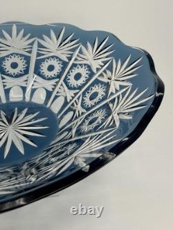 1950s Vintage Bohemian Lead Crystal Glass Cut To Clear Cobalt Blue Bowl 13W