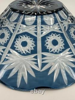 1950s Vintage Bohemian Lead Crystal Glass Cut To Clear Cobalt Blue Bowl 13W