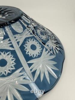 1950s Vintage Bohemian Lead Crystal Glass Cut To Clear Cobalt Blue Bowl 13W