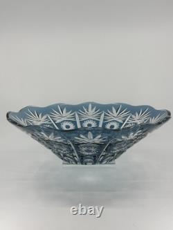 1950s Vintage Bohemian Lead Crystal Glass Cut To Clear Cobalt Blue Bowl 13W