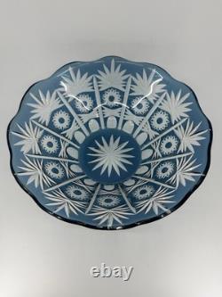 1950s Vintage Bohemian Lead Crystal Glass Cut To Clear Cobalt Blue Bowl 13W