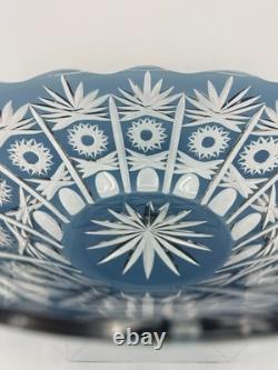 1950s Vintage Bohemian Lead Crystal Glass Cut To Clear Cobalt Blue Bowl 13W