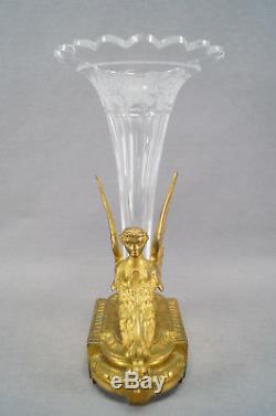19th Century French Baccarat Cut Crystal & Gilt Ormolu Winged Lady Trumpet Vase
