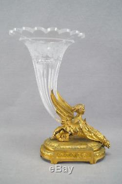 19th Century French Baccarat Cut Crystal & Gilt Ormolu Winged Lady Trumpet Vase