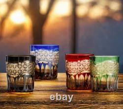 1 Set Of 4Pcs Crystal Whiskey Glasses Edo Kiriko Hand Cut To Clear Glassware 9oz