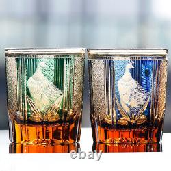 2Pcs Edo Kiriko Crystal Whiskey Glasses Hand Cut To Clear Green 9oz Gift Packing