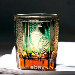 2Pcs Edo Kiriko Crystal Whiskey Glasses Hand Cut To Clear Green 9oz Gift Packing
