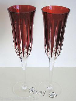 2 AJKA CASTILLE ruby cased cut to clear crystal champagne flutes STORE CLOSING