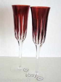 2 AJKA CASTILLE ruby cased cut to clear crystal champagne flutes STORE CLOSING