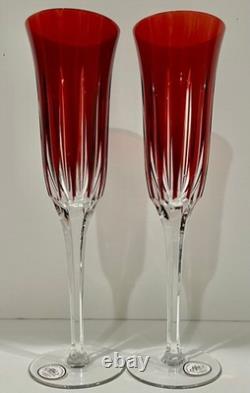 2 AJKA CASTILLE ruby cased cut to clear crystal champagne flutes STORE CLOSING