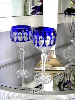 2 AJKA Corlis Edinbergh cobalt blue cased cut to clear Crystal Balloon Wine