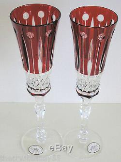 2 AJKA FABERGE XENIA ruby red cased cut to clear champagne flutes flute