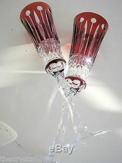 2 AJKA FABERGE XENIA ruby red cased cut to clear champagne flutes flute