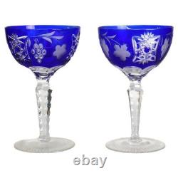 2 Antique Bohemian Cobalt Blue Floral & Grape Cut To Clear Crystal Wine Goblets